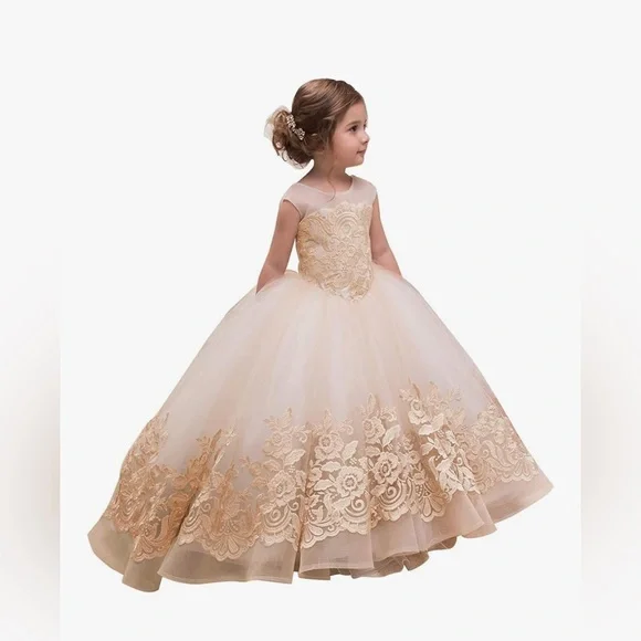 Elegant Cream and Peach Gold Floral Gown - Picture 1 of 12